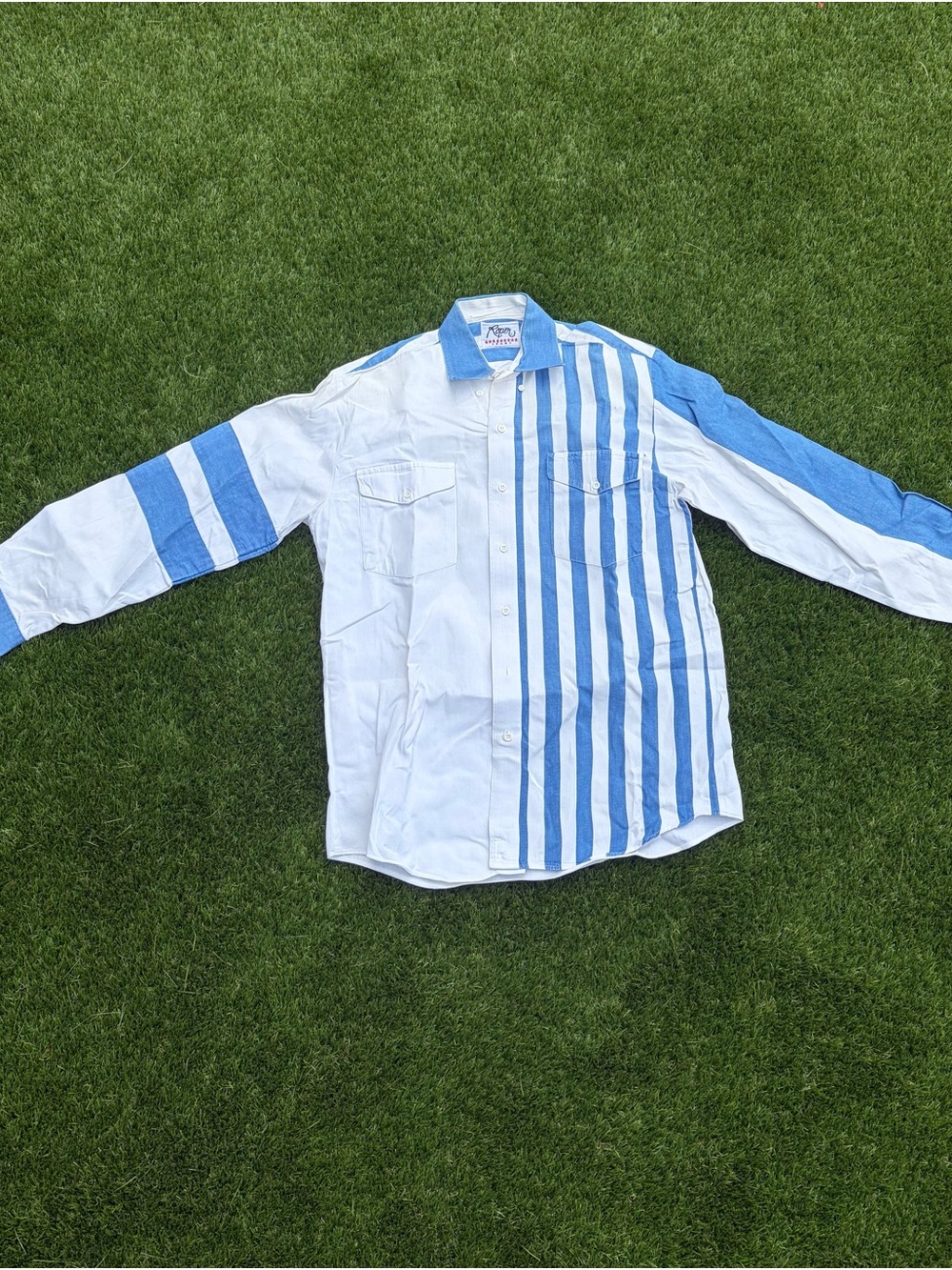 Vtg 90s Roper Sport Colorblock Striped Western Shirt Men’s Medium Blue White